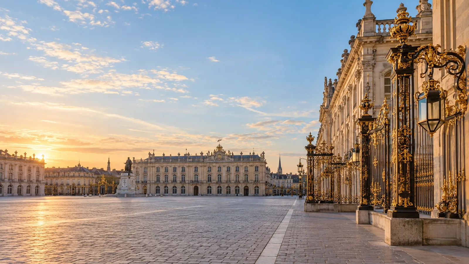 Place Stanislas à Nancy au petit matin, grilles dorées et pavés, une personne consulte des documents sur un banc